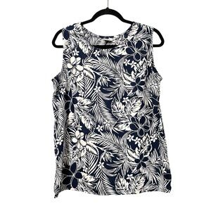 Makai Beach Hawaii Sleeveless Blouse Tank Top Floral Tropical XL Navy Blue White